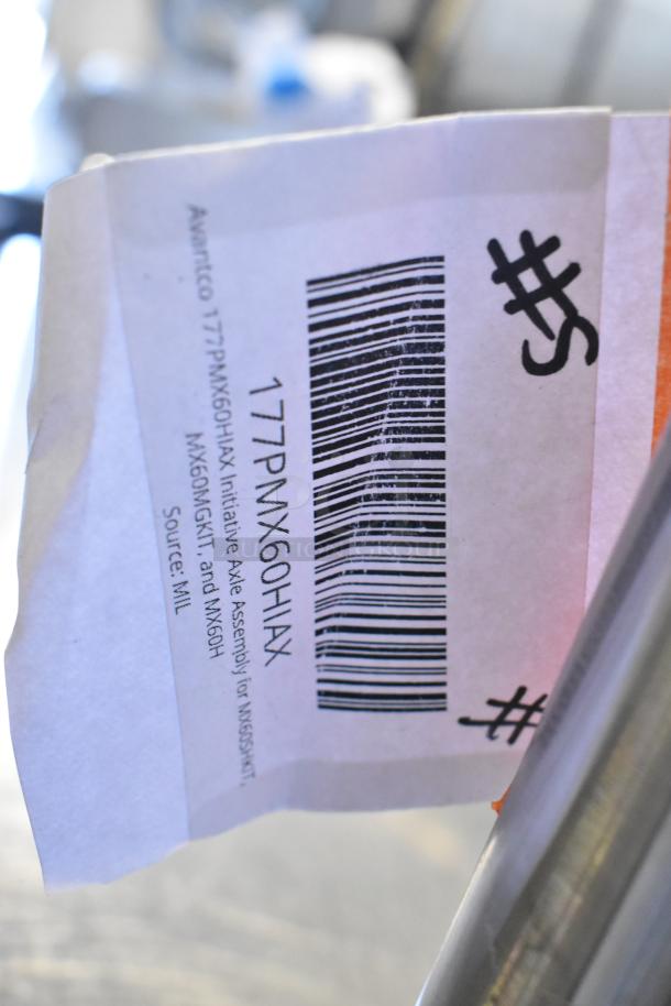 Barcode and label for Avantco 177PMX60HIAX Initiative Axle Assembly, indicating compatibility and model specifics.