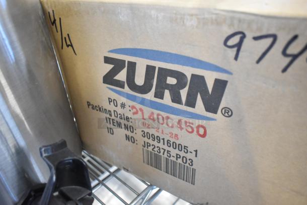 Box of Zurn JP2375-P03 Single Drain. Features include ID No: JP2375-P03, PO #21400450, item packaged on 02-21-23.