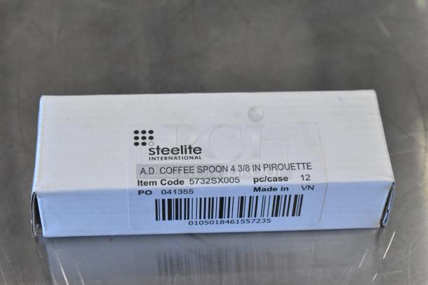 Steelite 5732SX005 coffee spoon box, 18/10 stainless steel, 4-3/8 inch, labeled "A.D. Coffee Spoon," item code visible.