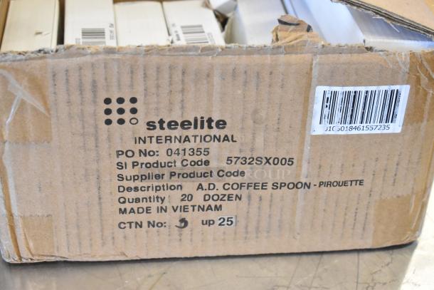 Steelite coffee spoons box, model 5732SX005, 18/10 stainless steel, new with minor scratches, includes white poly bowls. Made in Vietnam.