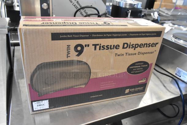 Brand new San Jamar R4000TBK Twin 9" Jumbo Tissue Dispenser in original box. Scratch and dent condition.