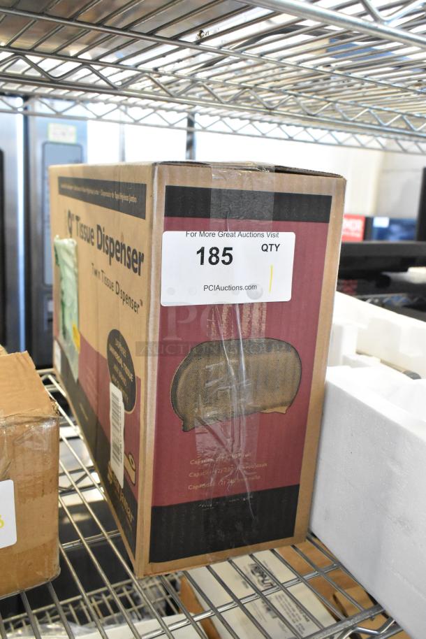 Brand new San Jamar R4000TBK Twin 9" Jumbo Tissue Dispenser in box, scratch and dent condition, auction item 185.