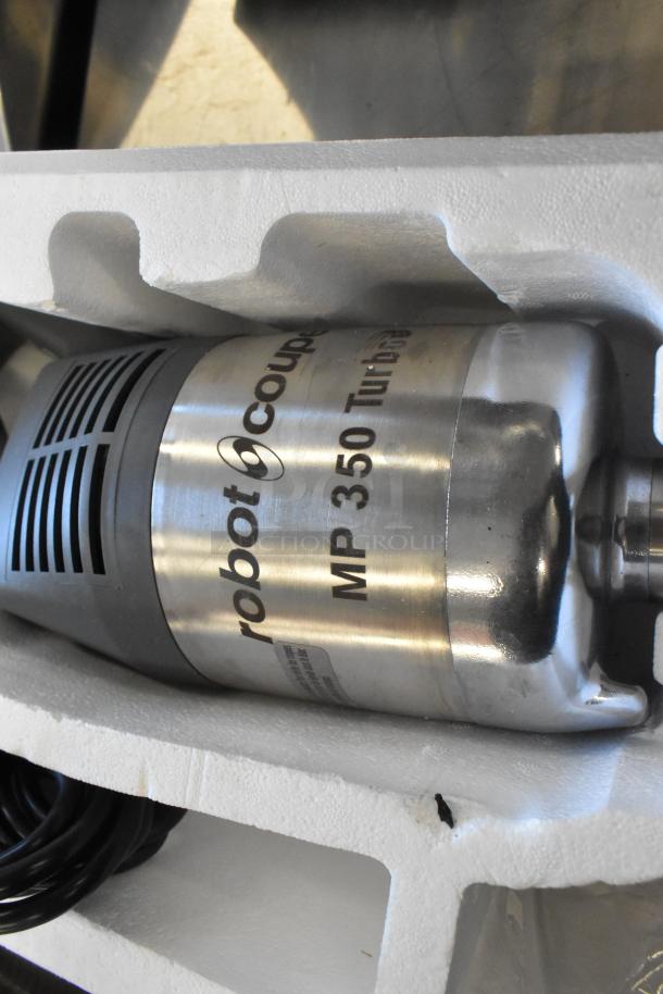 Brand new Robot Coupe MP 350 Turbo immersion blender, 120V, 1 phase, visible scratch and dent, in protective packaging.