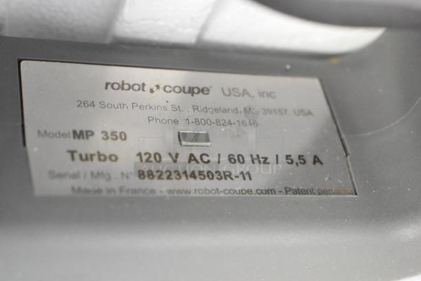 BRAND NEW SCRATCH AND DENT Robot Coupe MP 350 Turbo Immersion Blender, 120 Volts, label showing model and specs.