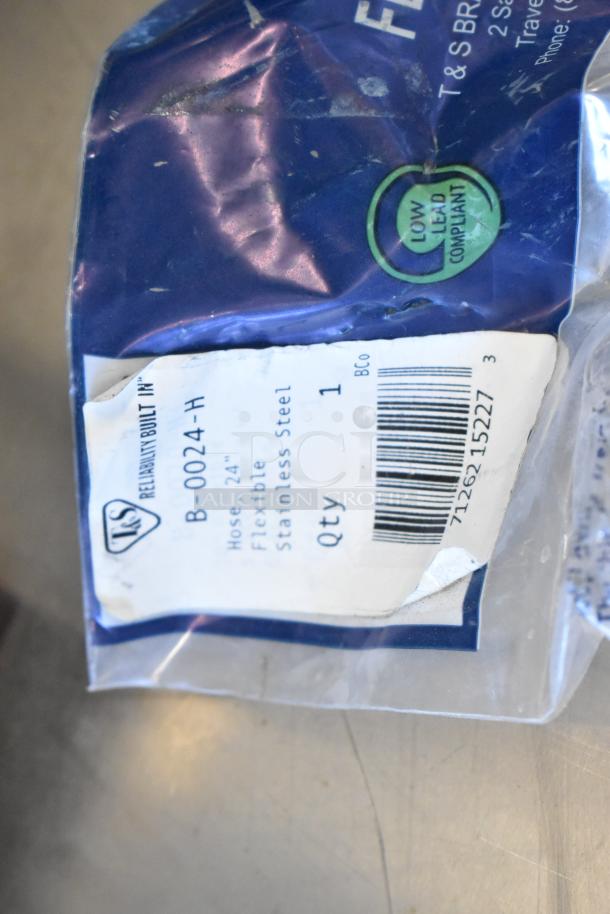 T&S B-0024-H 24" flexible stainless steel hose in packaging with low lead compliance label and barcode visible.