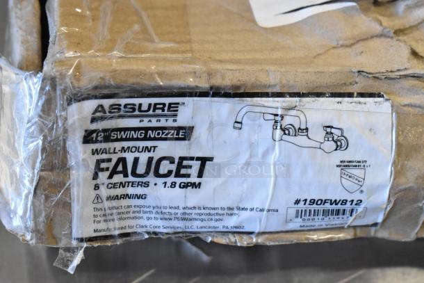 Assure 190FW812 12" wall-mounted swing spout faucet with 8" centers in packaging; item label visible.