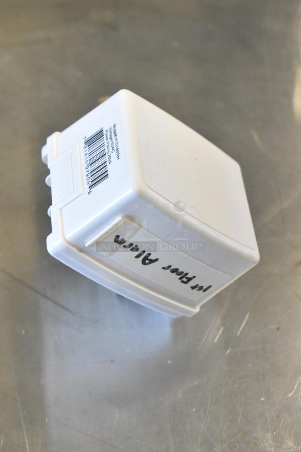 Honeywell K10145WH Class II Transformer in white, new condition, barcode visible, side view.