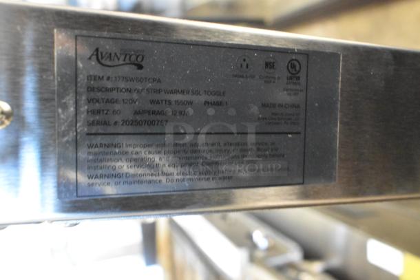 "Avantco 177SW60TCPA Strip Warmer label showing 120V, 1550W, single phase specs. Serial: 20250700767. Made in China."