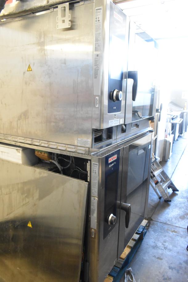Two 2022 Rational iCombiPro convection ovens, stainless steel, electric, 440/480V, 3-phase, best for parts, visible wear.