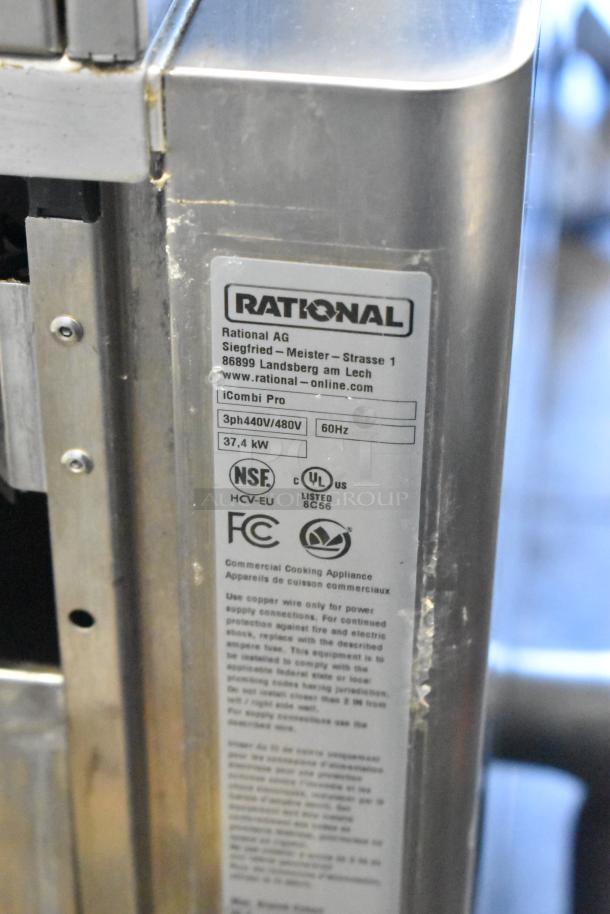 Rational iCombi Pro convection oven label; stainless steel, 440/480V, 37.4kW, NSF, UL, FCC certified, best for parts.