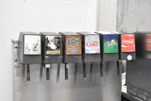 Stainless Steel 6 Flavor Beverage Machine; dispenses Root Beer, Lemonade, Ginger Ale, Diet Coke, Sprite, Coca-Cola; 115V, 1 phase.