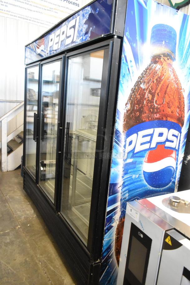 True GDM-72 commercial 3-door reach-in cooler with Pepsi branding and poly-coated racks, 115V, 1 phase, metal construction.