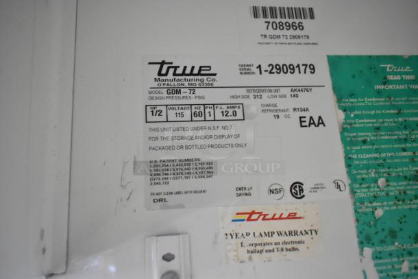 True GDM-72 cooler label showing model, 115 volts, 1 phase, and refrigeration details. NSF certified, EAA mark.