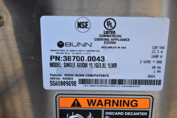 Bunn SINGLE AXIOM 15 label, showcasing model info, 1-gal capacity, 120V, NSF/UL listed, safety warnings.