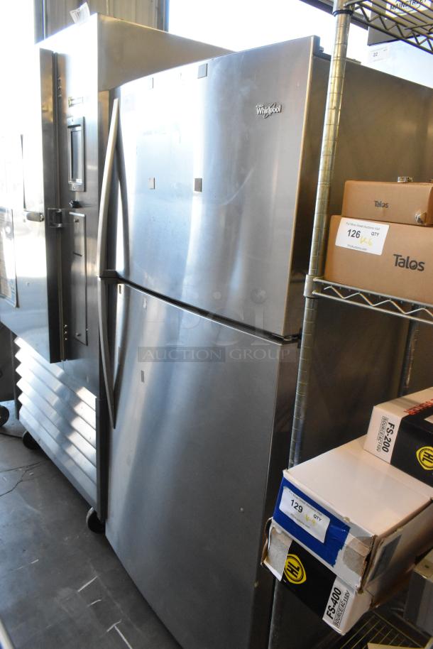 Whirlpool WRT511SZDM00 stainless steel cooler with freezer, 115 volts, 1 phase. Minimal wear, visible branding.