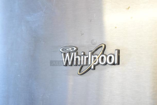Whirlpool WRT511SZDM00 stainless steel cooler with freezer, 115 volts, 1 phase. Features Whirlpool logo.