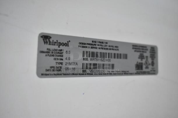 Label on Whirlpool WRT511SZDM00 cooler, 115 volts, 1 phase, model number, and specifications visible.