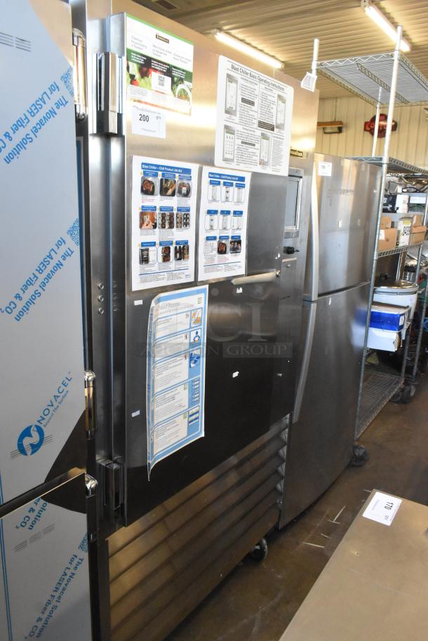 2018 Traulsen TBC13 stainless steel single door blast chiller, three probes, on commercial casters, with instruction labels.