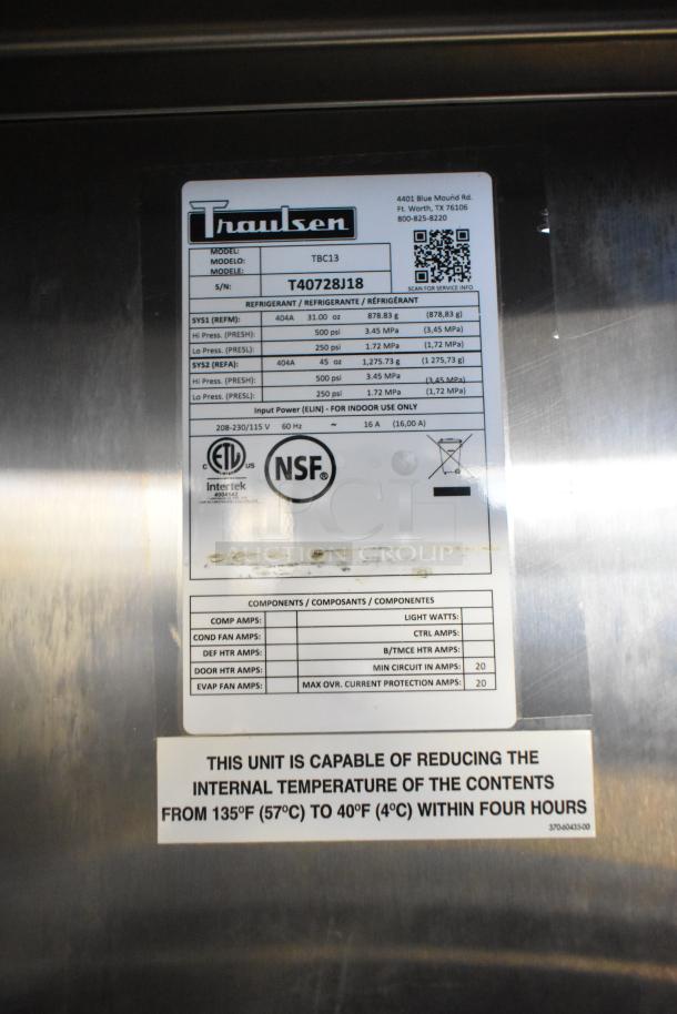 2018 Traulsen TBC13 stainless steel single door blast chiller with 3 probes. On casters. Model, certification, and specs shown.