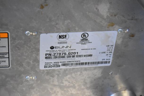 2020 Bunn 2SH STAND stainless steel countertop double server stand, 120V, 1 phase. Label shows model and certifications.