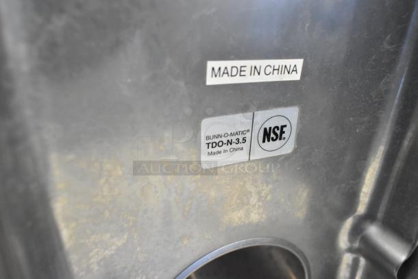 3 Bunn TDO-N-3.5 stainless steel iced tea dispensers, NSF certified, made in China, shown with labels.