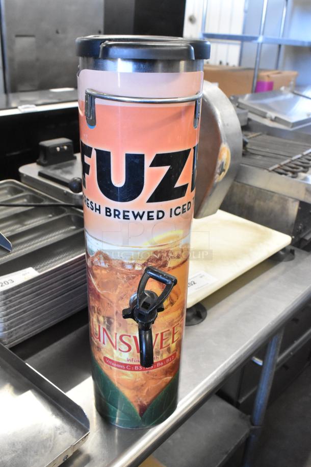 3 Bunn TDO-N-3.5 stainless steel iced tea dispensers in good condition, with spigots and branded graphics.