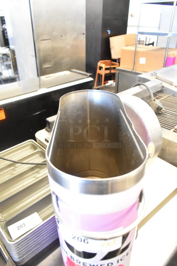 Stainless steel Bunn TDO-N-3.5 iced tea dispenser, used, visible label "206 VX3", for auction.