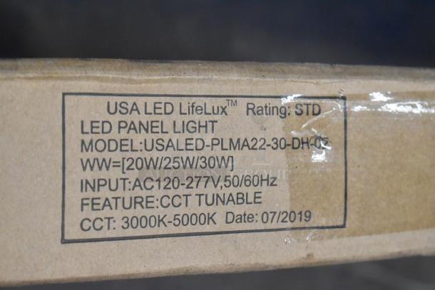 Brand new LED panel light, model USALED-PLMA22-30-DH02. CCT tunable, 20W/25W/30W, 3000K-5000K, 120-277V. Date: 07/2019.