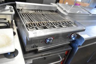 Star Max stainless steel commercial countertop grill with dual control knobs, used condition, auction tag 208 visible.