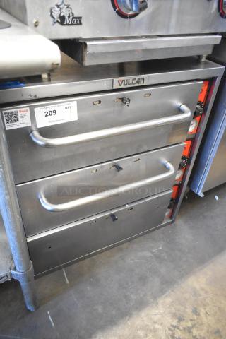 Vulcan stainless steel commercial 3-drawer warming drawer, 208/250 volts, features robust construction. Auction tag visible.
