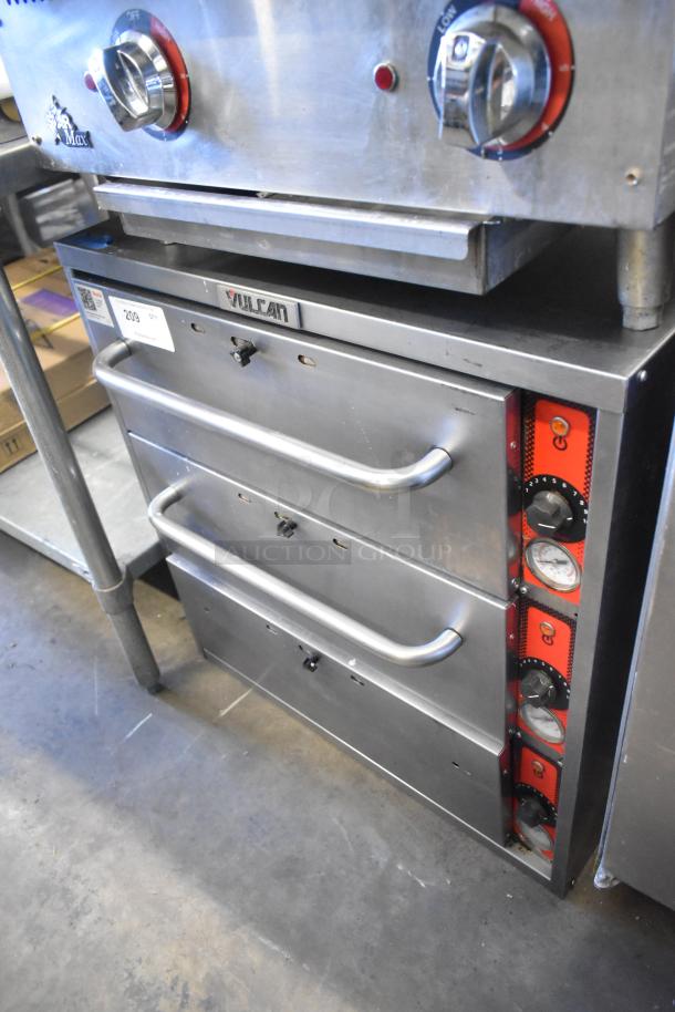 Vulcan stainless steel commercial warming drawer with three drawers, 208/250 volts, sleek handles, sturdy condition.