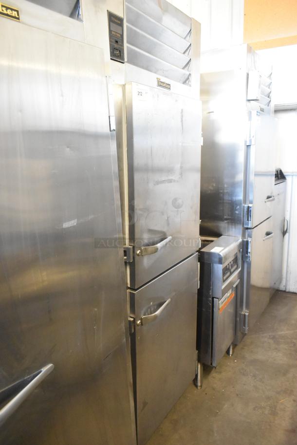 Traulsen RLT132WREHHS stainless steel commercial refrigerator, two half doors, on casters, 115/208-230V, 1 phase.