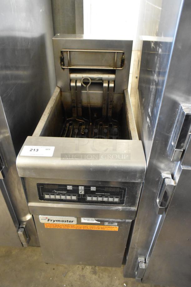 2018 Frymaster RE114TCSC stainless steel commercial deep fat fryer, floor style, 208V, 3 phase, visible controls and branding.