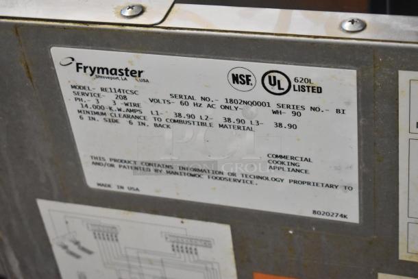 2018 Frymaster RE114TCSC stainless steel commercial fryer with NSF, UL certifications, 208V, 3-phase, 14.000 kW.