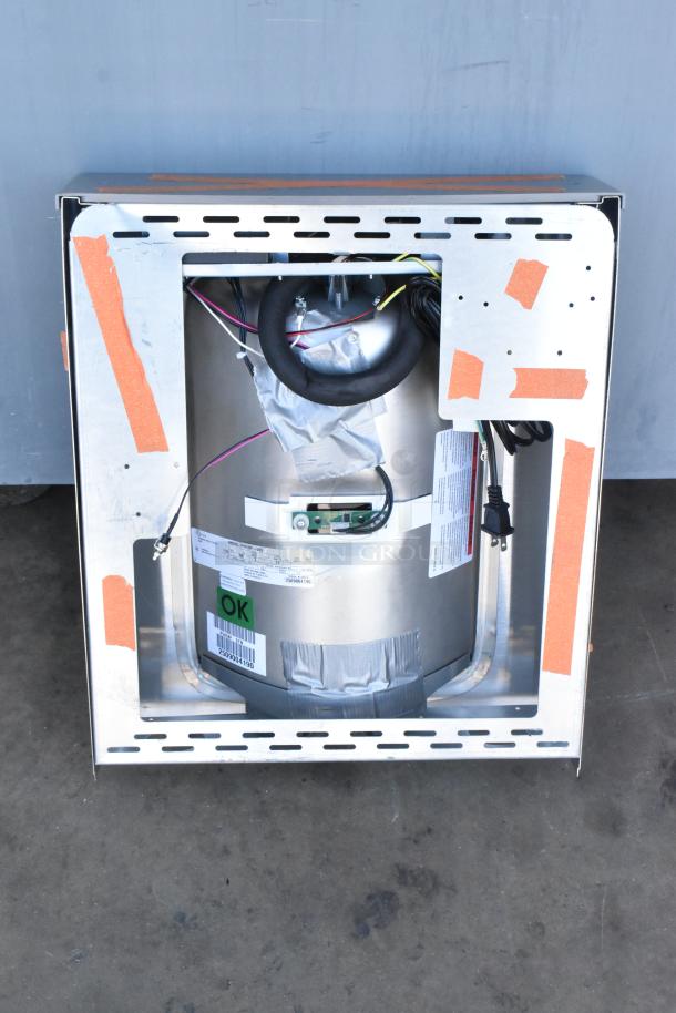 BRAND NEW Oasis PWEBF-005 stainless steel wall mount water fountain, with minor scratches and dents, shown from rear with visible wiring and "OK" inspection label.