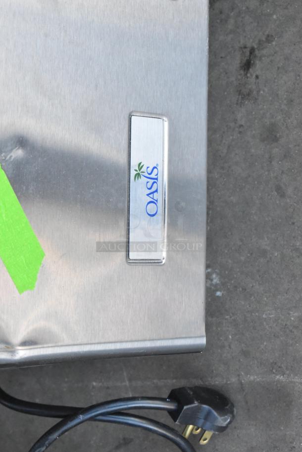 Brand new Oasis PWEBF-005 stainless steel wall mount water fountain, scratch and dent condition, with logo visible.