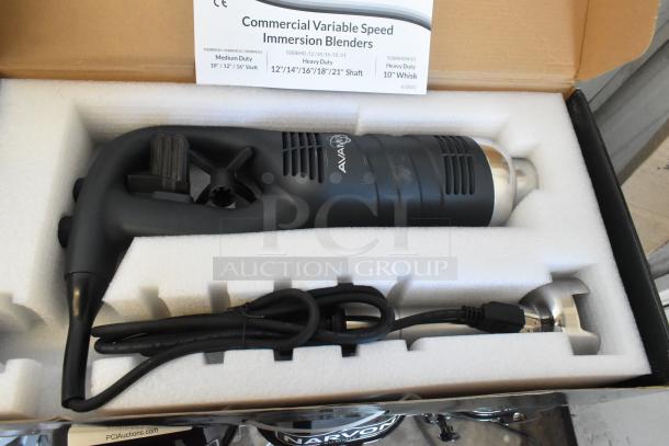 Brand new AvaMix 928IBMD10 10" immersion blender, 3/4 hp, variable speed, 120V, slight scratch and dent, in original packaging.