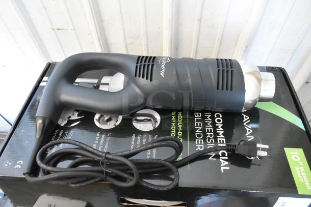 Brand new AvaMix 928IBMD10 immersion blender, 10" shaft, 3/4 hp, variable speed, 120V, minor scratches, boxed.
