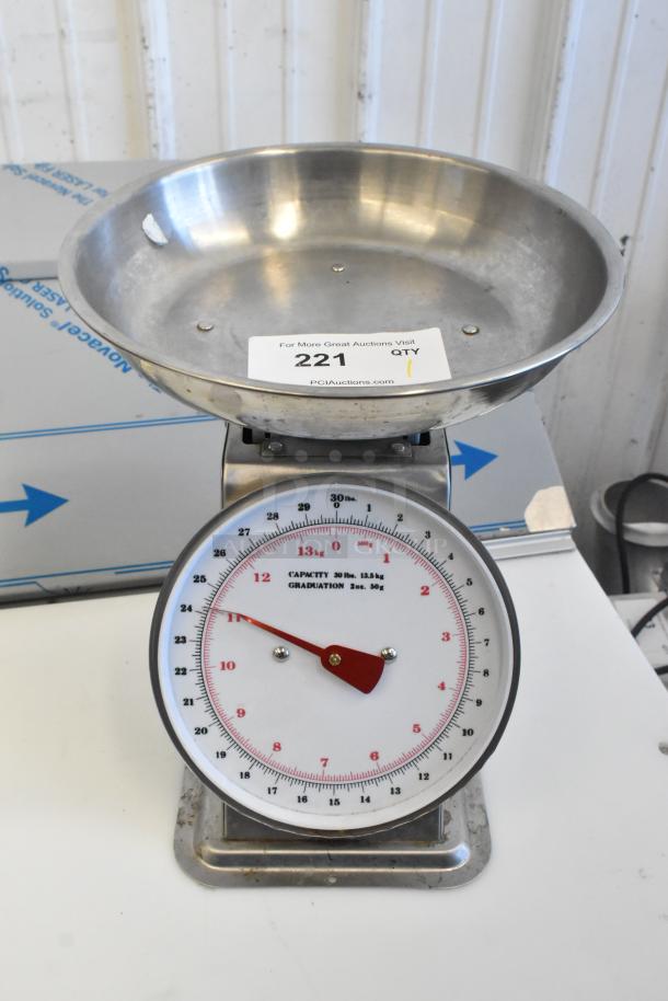 Marco SW10211 metal countertop food portioning scale, 30 lb capacity, with red dial and stainless steel bowl, good condition.