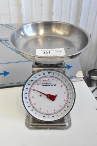 Marco SW10211 metal countertop food portioning scale, 30 lb capacity, with red dial and stainless steel bowl, good condition.