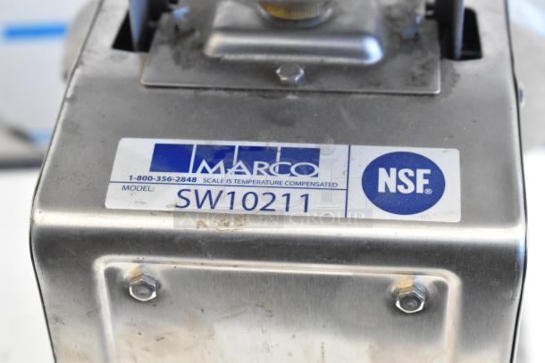 Marco SW10211 metal countertop food portioning scale, temperature-compensated, NSF certified, visible wear.