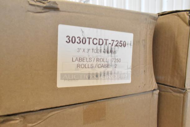56 brand new boxes of 3030TCDT-7250 3"x3" label rolls, 7250 labels per roll, 2 rolls per case, sealed condition.