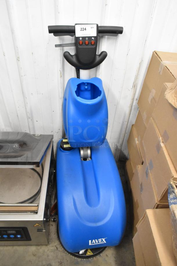 Lavex 274AFS3BAT push behind floor scrubber, 120 volts, 1 phase, blue, good condition, visible control panel, brand logo.