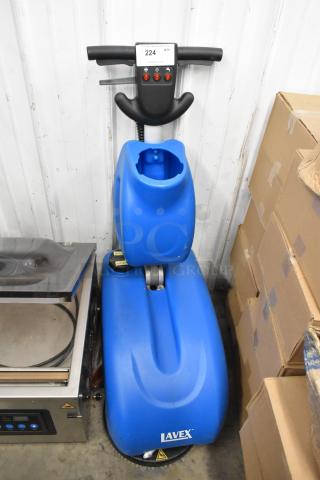Lavex 274AFS3BAT push behind floor scrubber, 120 volts, 1 phase, blue, good condition, visible control panel, brand logo.