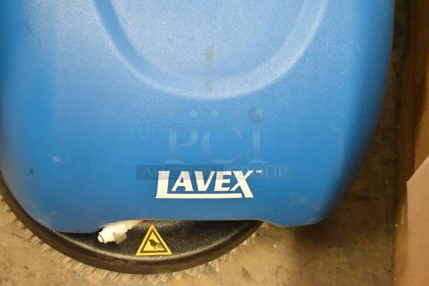 Lavex 274AFS3BAT push behind floor scrubber, blue, 120V, 1 phase. Visible brand logo. Good condition.