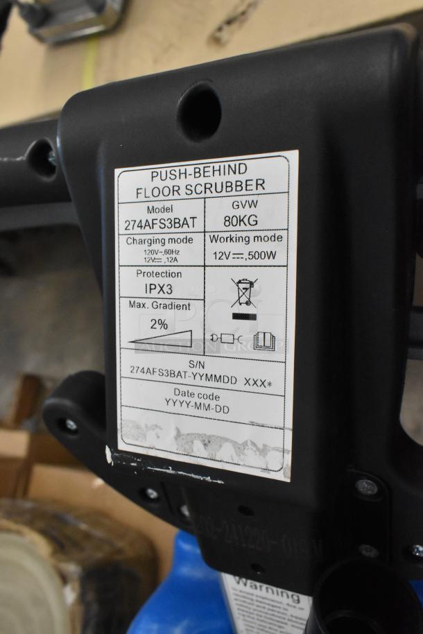 Lavex 274AFS3BAT Push Behind Floor Scrubber label showing model details, 120V, IPX3 protection, 80KG GVW.