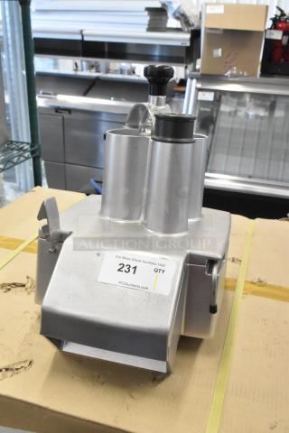 Robot Coupe metal continuous feed head for food processor, silver, with chute and pusher, label displays auction info "231 QTY".