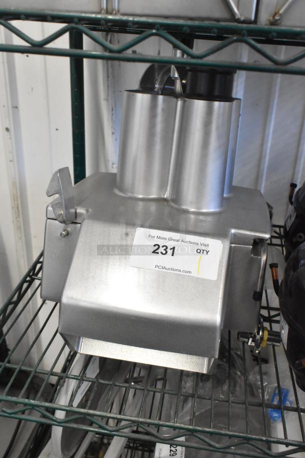 Robot Coupe metal continuous feed head for food processor, silver, used condition, auction tag "231" visible.