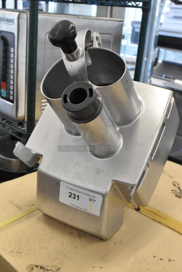 Robot Coupe metal continuous feed head for food processor, stainless steel, excellent condition, auction label visible.