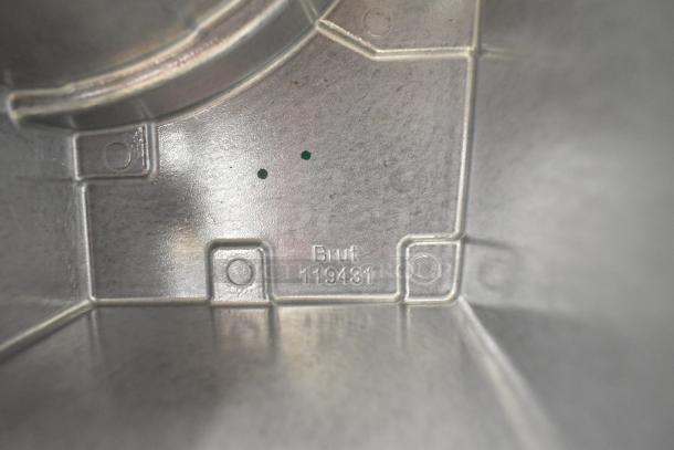 Robot Coupe metal continuous feed head with model marking "Brut 119431" for food processor, in good condition.